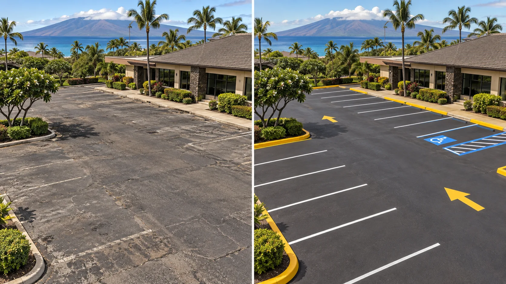 Before and after example of commercial parking lot striping on Maui
