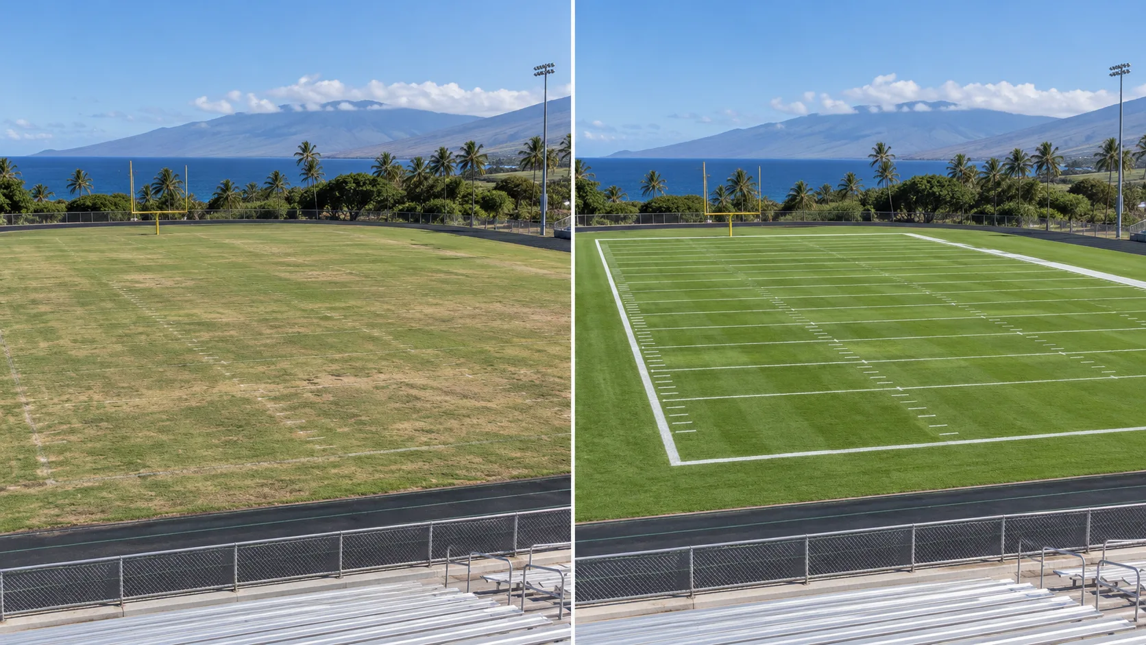Before and after example of football field striping on Maui