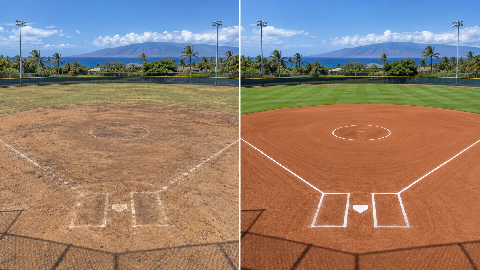 Before and after example of softball field striping on Maui